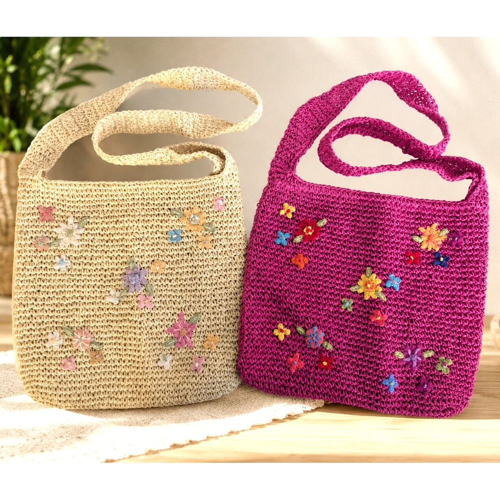 Lot 2 Vintage St Johns Bay Floral Embroidered Straw Shoulder Bags Pink Natural